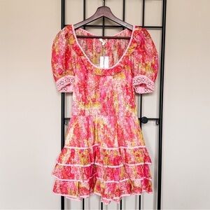 NWT LoveShackFancy Safiya Floral Silk Blend Puff Sleeve Dress Sz XS